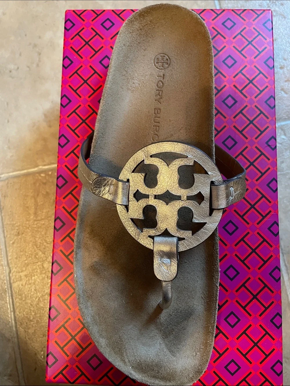 Tory Burch Brown Footbed Sandal with Silver Logo Medallion